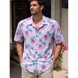 CONSTRUCT. XL. Slim Fit. Lightweight White Tropical Print Shirt. Blue/Pink
